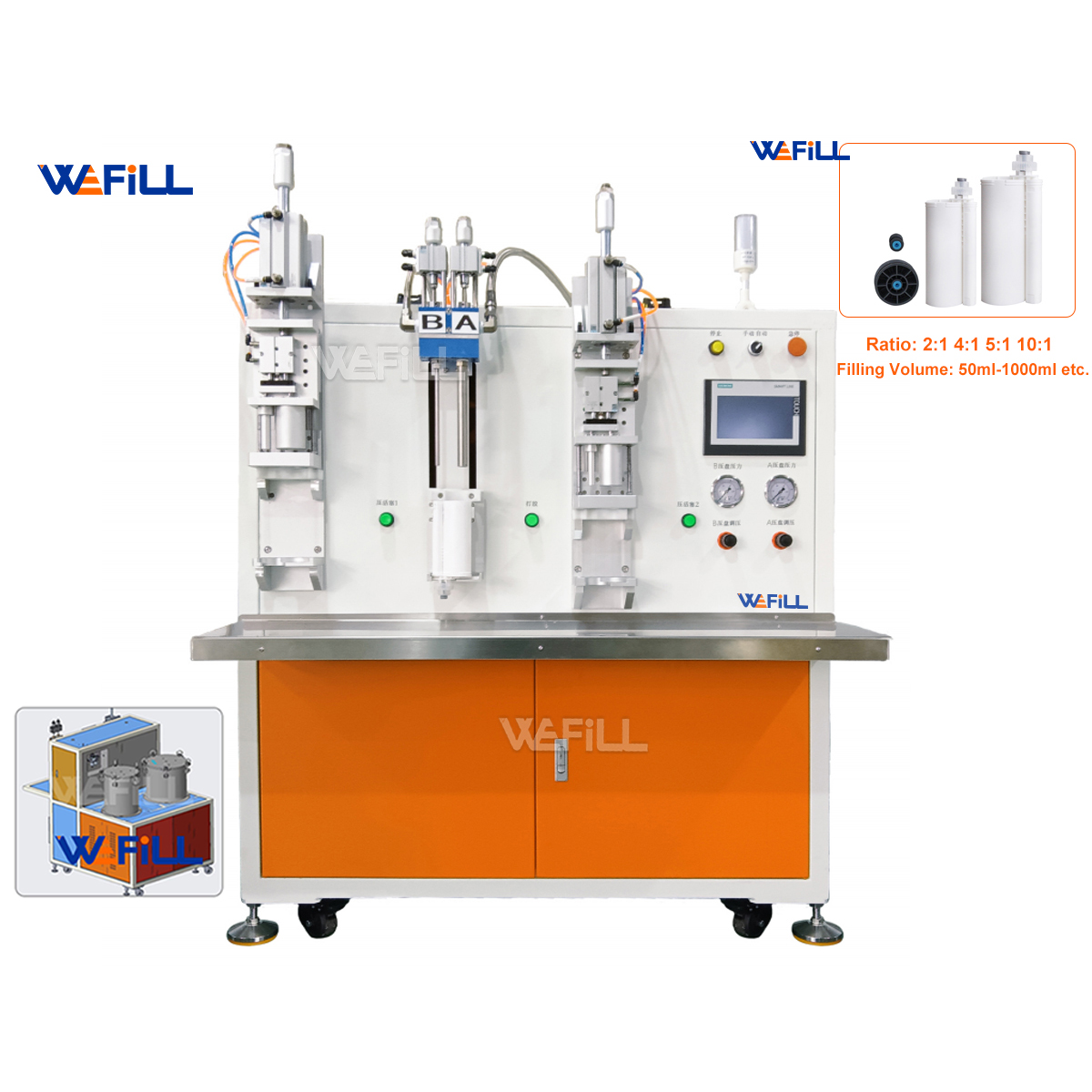 Semi-Automatic 10:1 Two Component AB Adhesive Filling Machine | Low Viscosity Liquid Filler for 50ml/250ml/490ml 2K Cartridge with Vacuum Pressure Bucket Supply