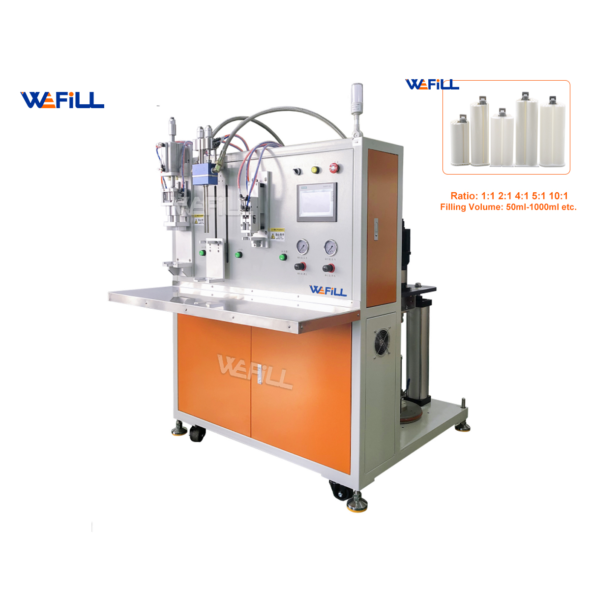 WEFILL-F005-50 Semi-Automatic 50ml High-Viscosity AB Two-Component Dual Cartridge Filling & Capping Machine with 20L Platen Feed | 1:1 Ratio