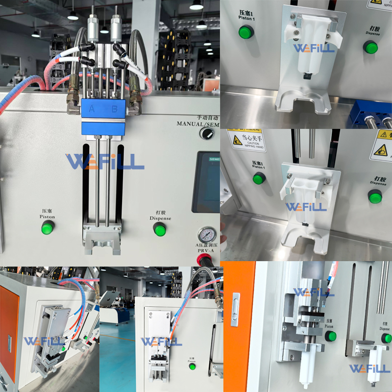 Detailed view of key components including precision metering pumps, dispensing valves, adhesive pipelines, cartridge fixtures, and pneumatic control parts.