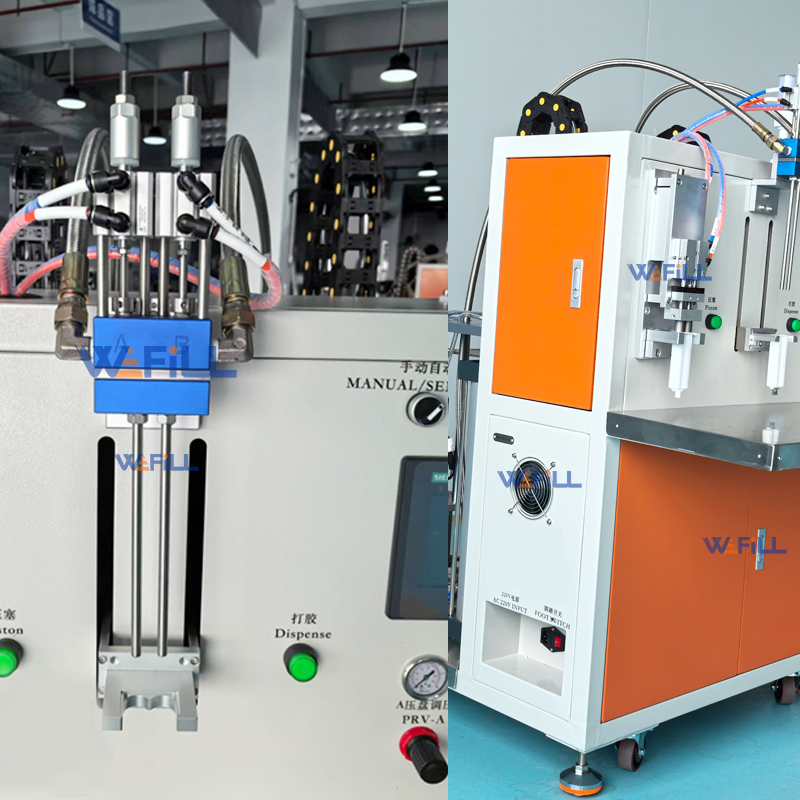 Precision cartridge fixture designed for accurate filling and capping of 50ml 1:1 AB adhesive cartridges, ensuring stable positioning and consistent production quality.