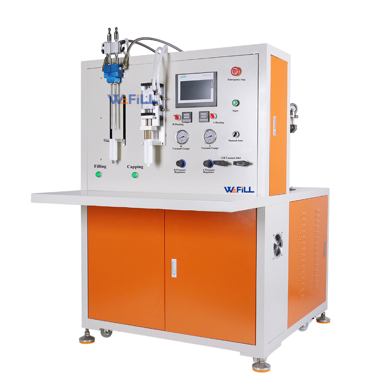 Side view showing the machine structure, adhesive feeding system, stainless steel tanks, servo motor drive system, and compact industrial design.