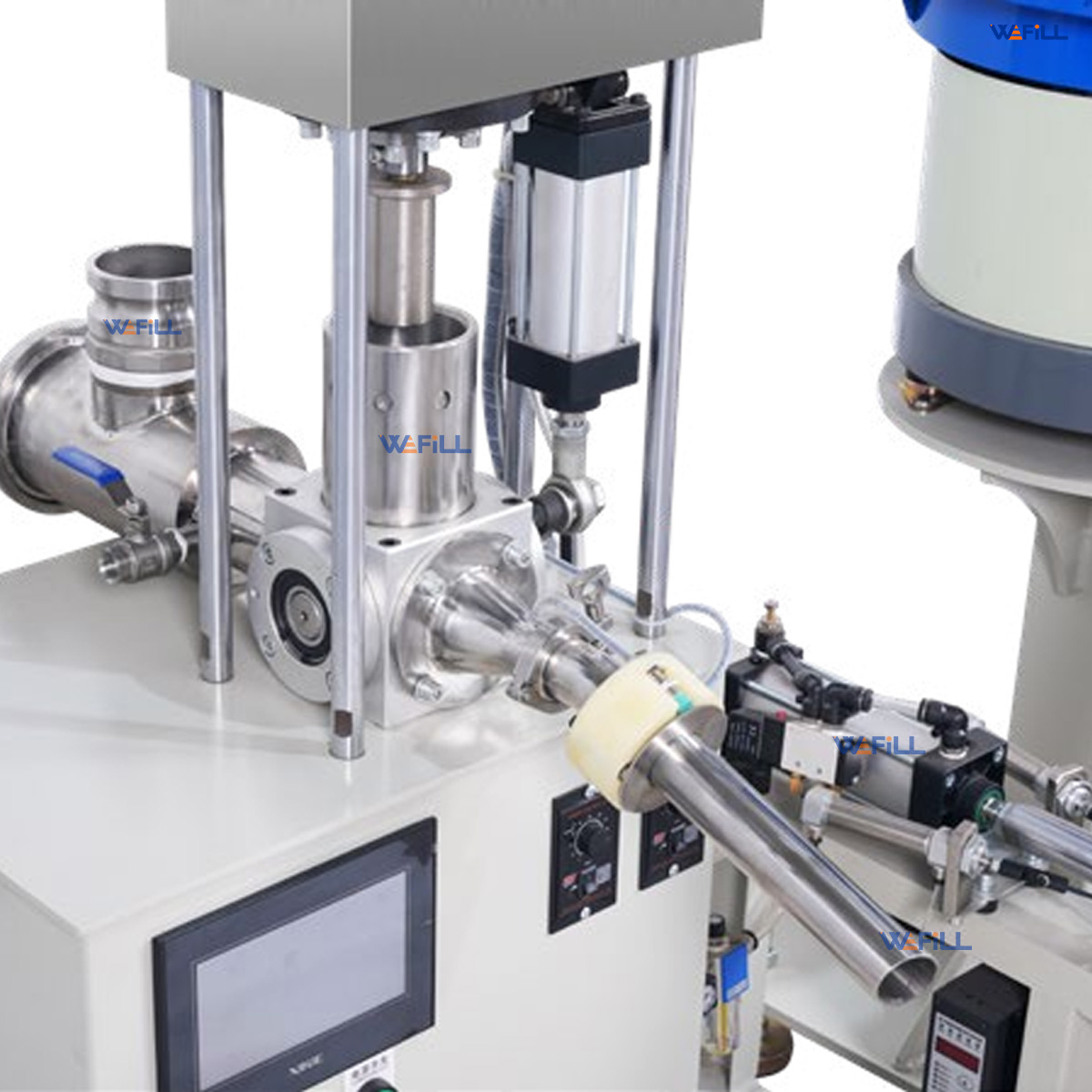 WEFILL Dispensing nozzle and matching filling fixture of a semi-automatic silicone sealant filling and capping machine, used for cartridge positioning and precise filling
