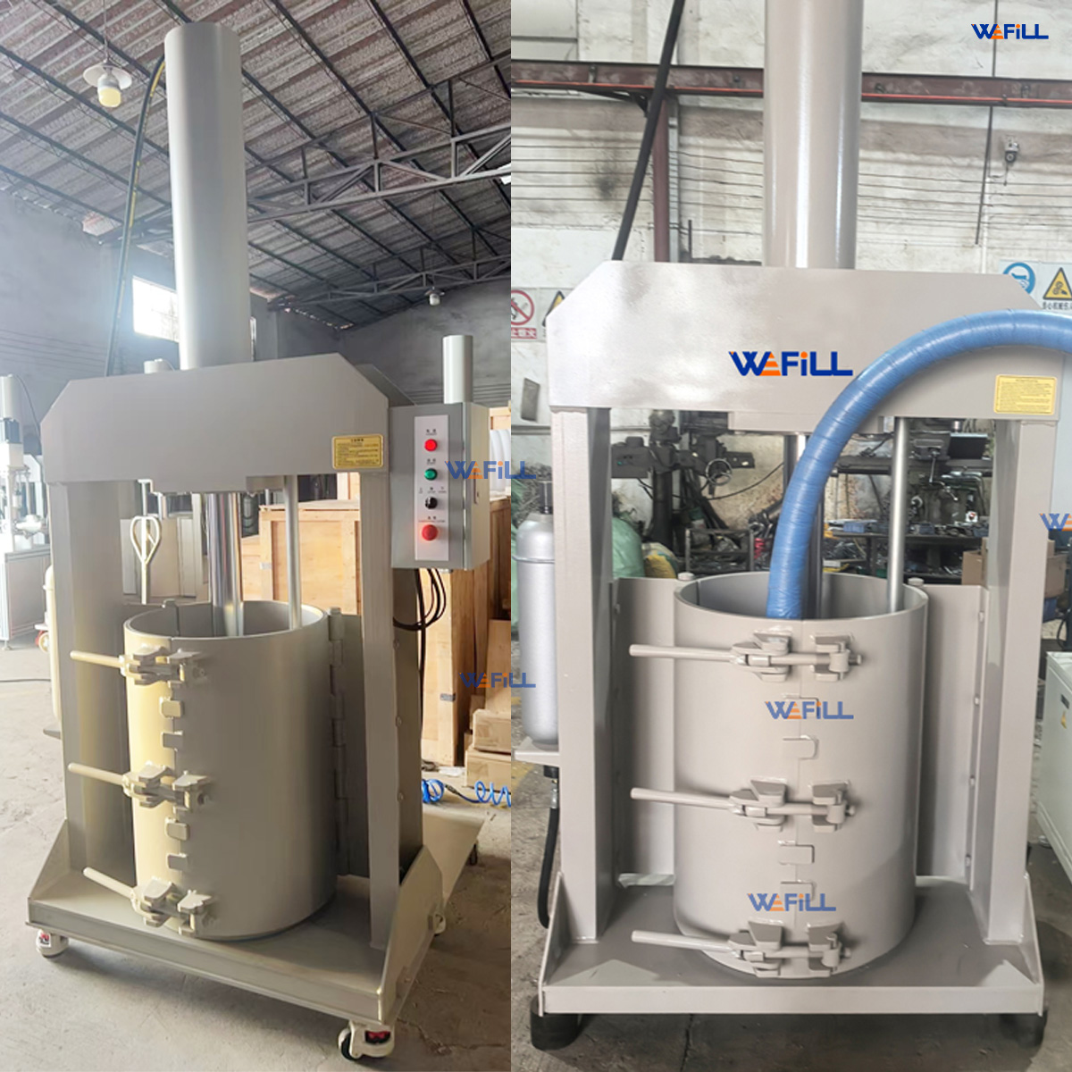 Hydraulic press-out extruder paired with a semi-automatic silicone sealant filling and capping machine, used to press and feed highly viscous sealant from drums