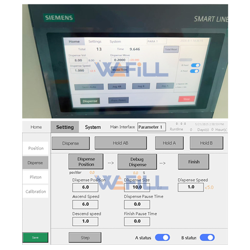 PLC of precision 25ml 1:1 AB syringe filling fixture with dual-action suction dispensing head and cartridge clamping mechanism for bubble-free adhesive filling on semi-automatic 2K filling machine.