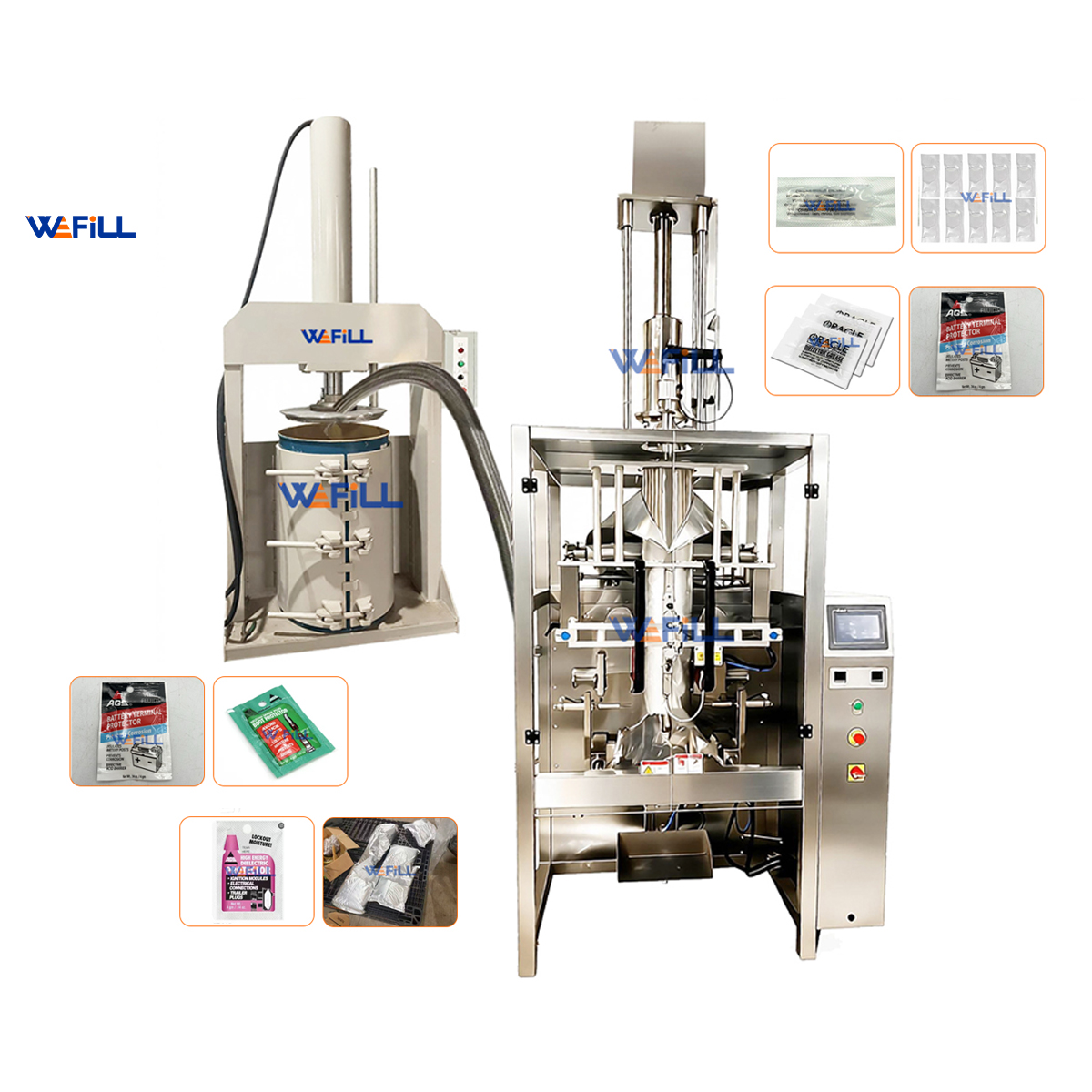 WEFILL Automatic Grease Lubricant Filling & Sealing Machine — for Stand-Up & Spouted Bags, Stick Packs, Pillow Bags, Sachets & Packets (1g–15kg), with Integrated Feeding Press