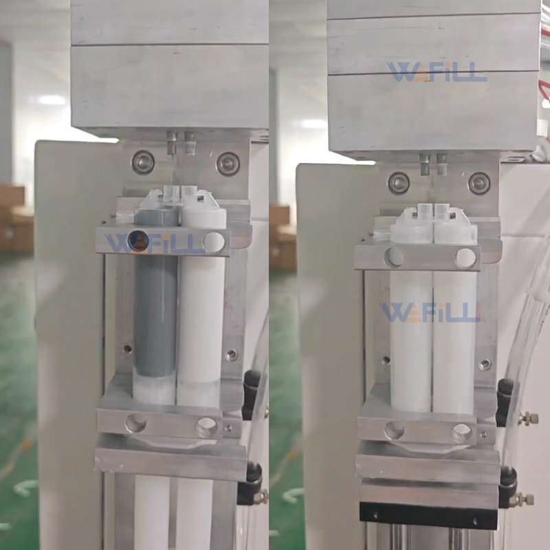 Side profile of WEFILL-SYR-AB-F003 semi-automatic 24ml 25ml AB adhesive syringe filler showing compact machine footprint with swivel casters, steel-coated frame, and integrated filling and capping stations for 25ml dual cartridges.