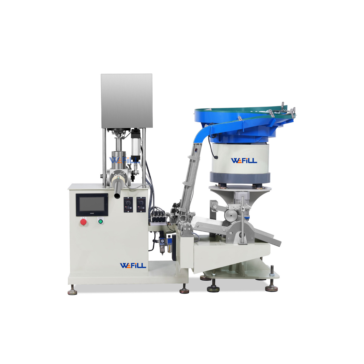 WEFILL semi-automatic silicone sealant cartridge filling capping machine – front view –  with PLC control panel, manual loading station, and anti-drip filling nozzle，With an inkjet coding station