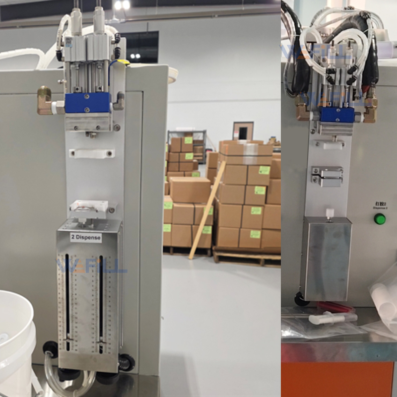 Detail of customized 25ml dual cartridge piston pressing fixture for automated cap insertion and sealing on AB adhesive filling and capping machine with rear-mounted lifting device.