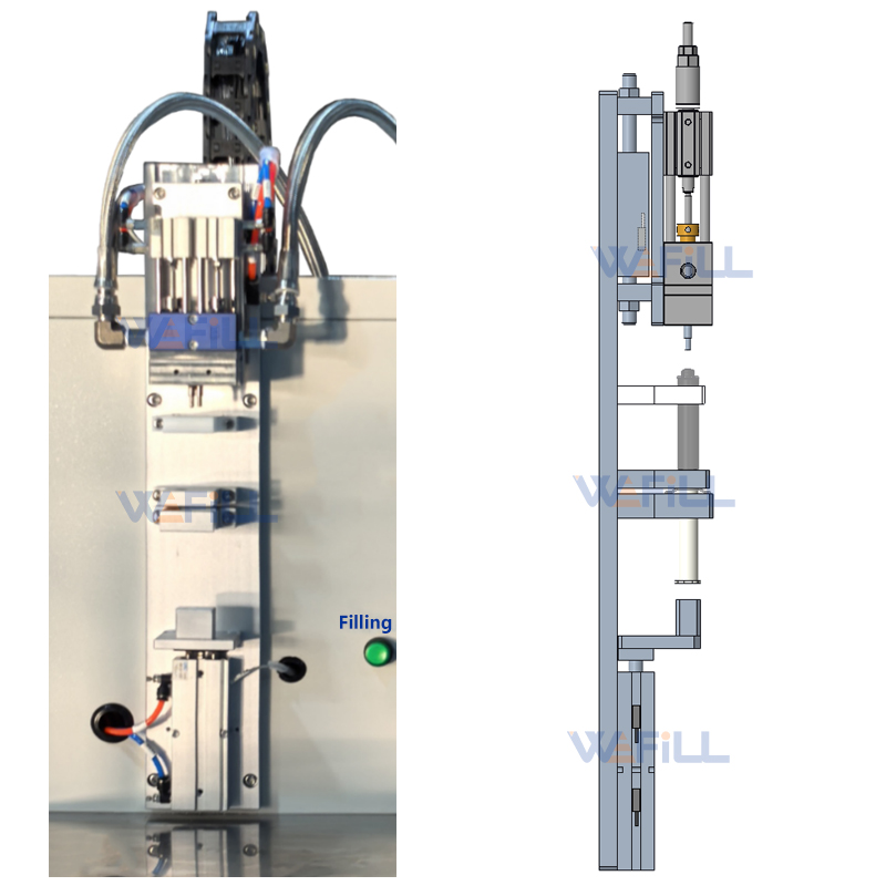 Close-up of precision 25ml 1:1 AB syringe filling fixture with dual-action suction dispensing head and cartridge clamping mechanism for bubble-free adhesive filling on semi-automatic 2K filling machine.